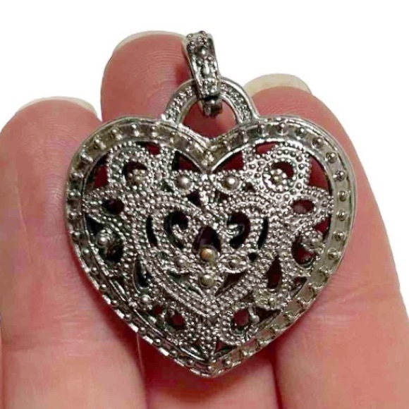 Large Silver Tone Rhinestone Heart Shaped Necklace Pendant Sparkly Locket Love - Picture 5 of 10